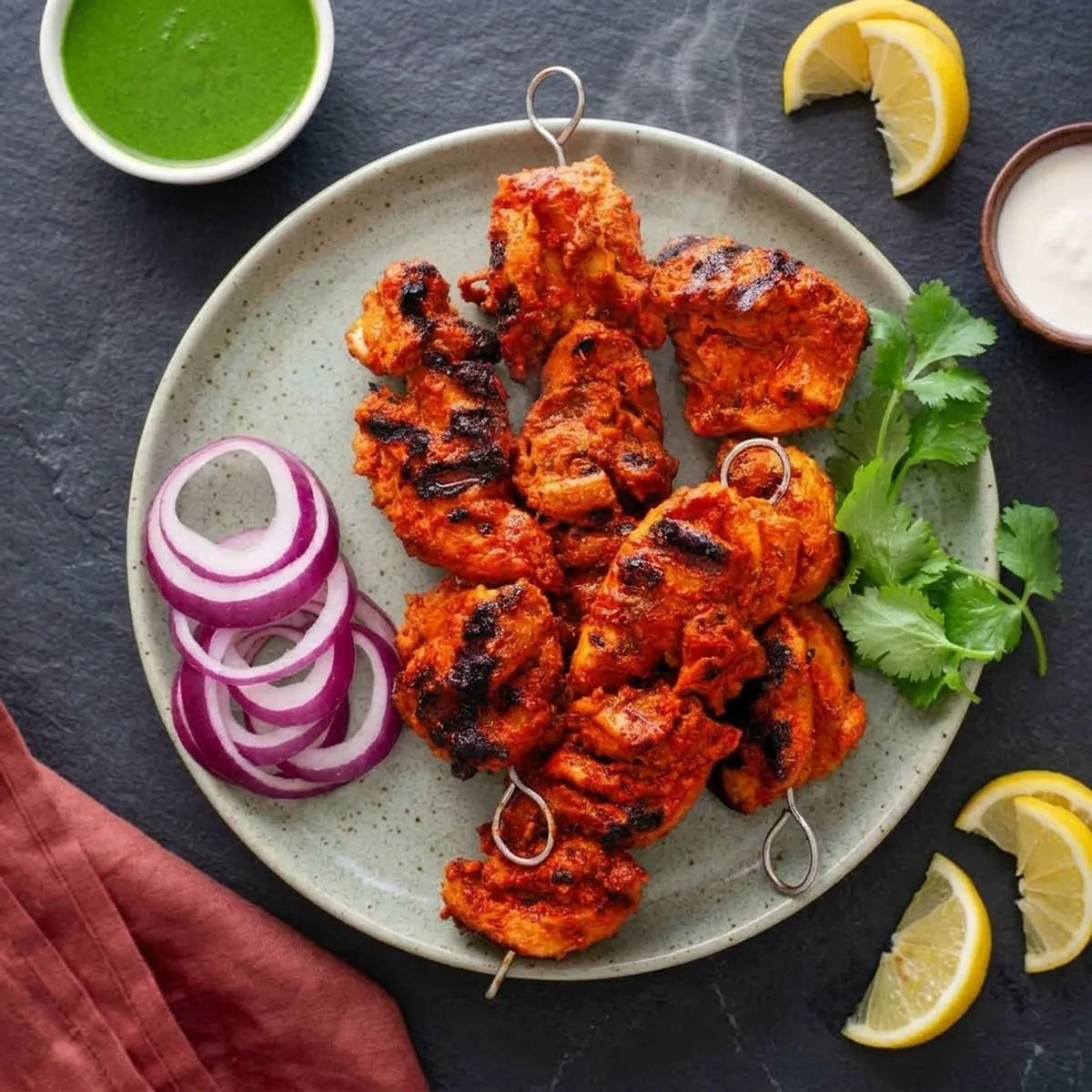 Tandoori chicken and chicken tikka from the clay oven at Green Chili Crowfoot